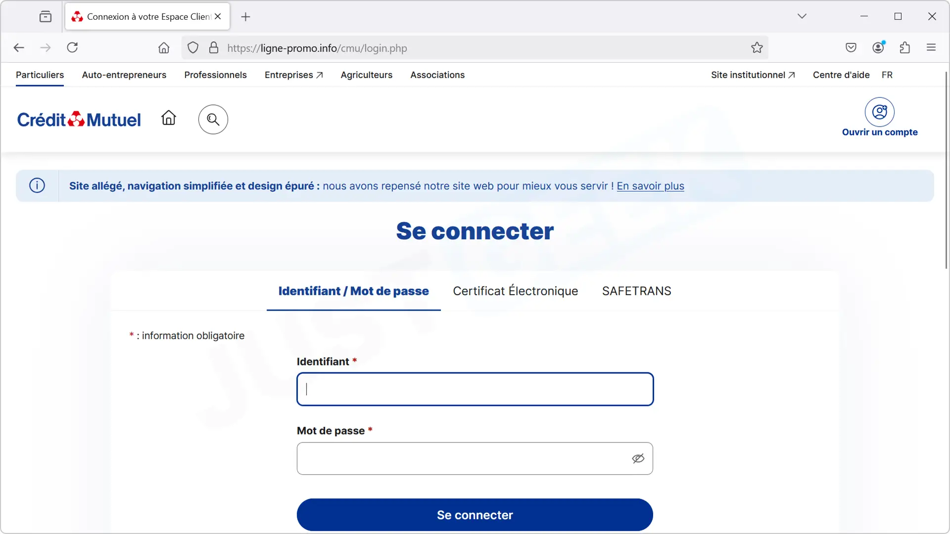 Capture d'écran d'un faux site bancaire utilisé pour collecter des informations d'identification lors d'une attaque de phishing.
