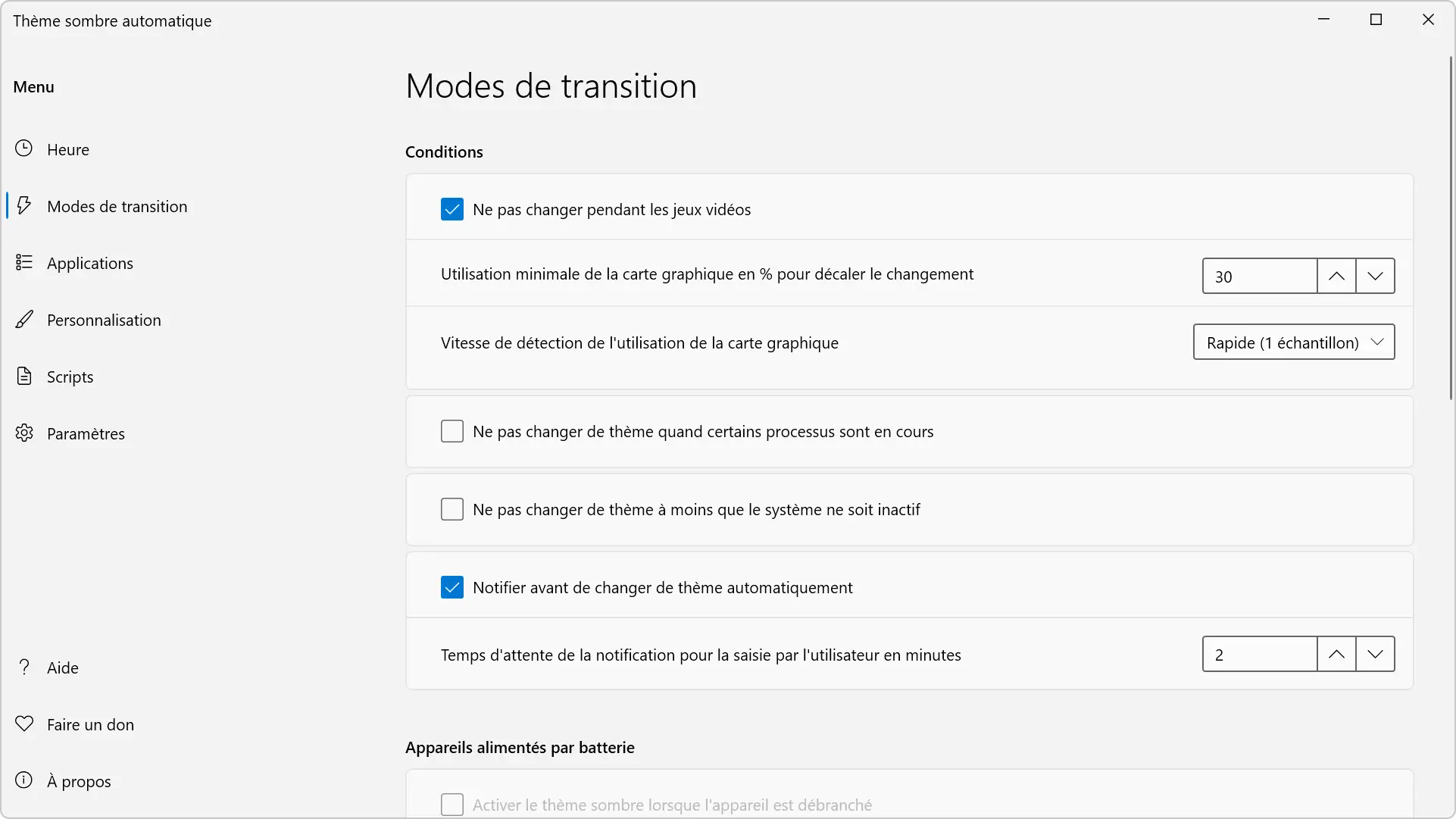 Modes de transition du mode sombre automatique