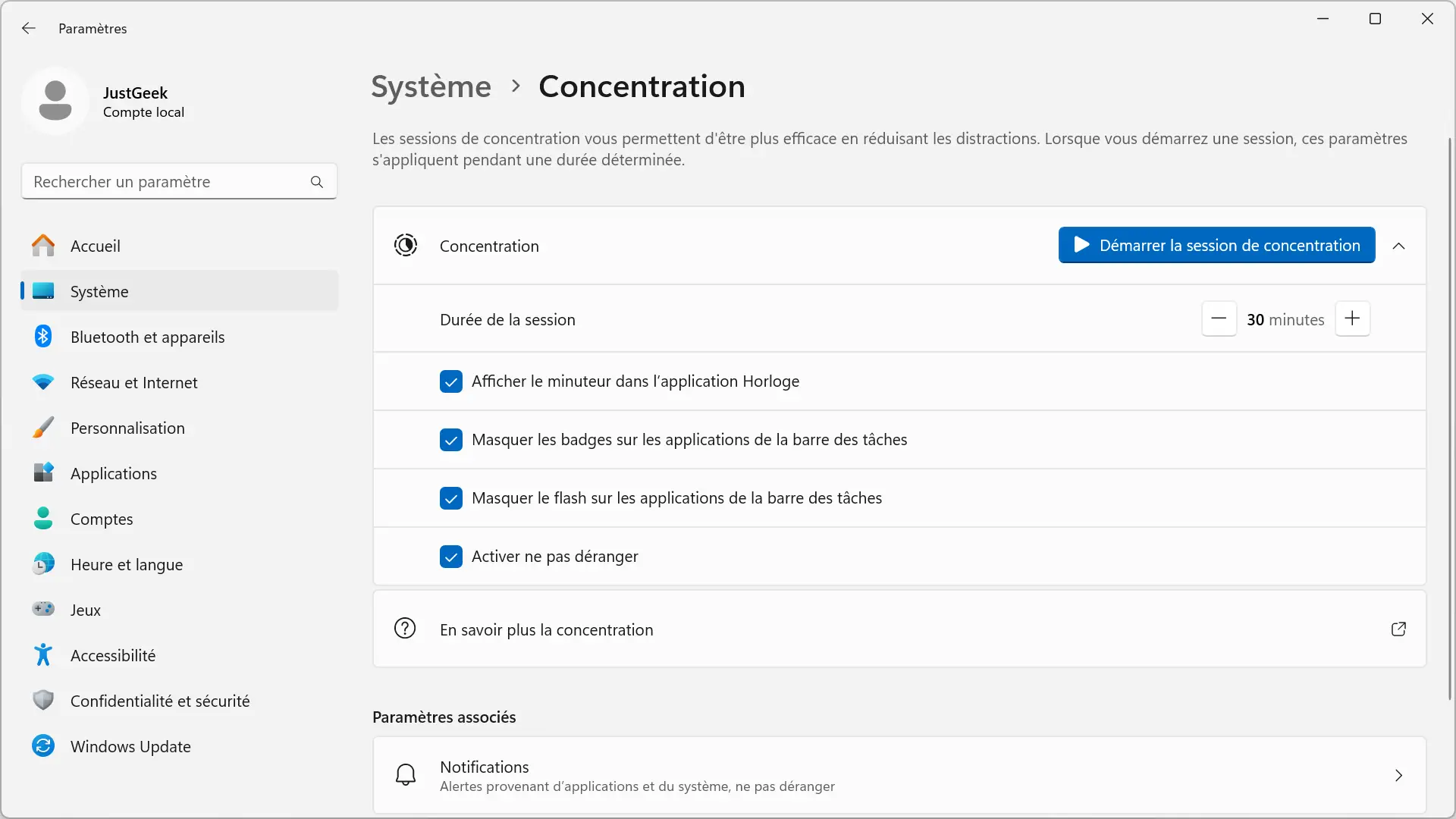 Capture d'écran des paramètres de Windows 11 montrant la configuration du mode Focus avec une minuterie.