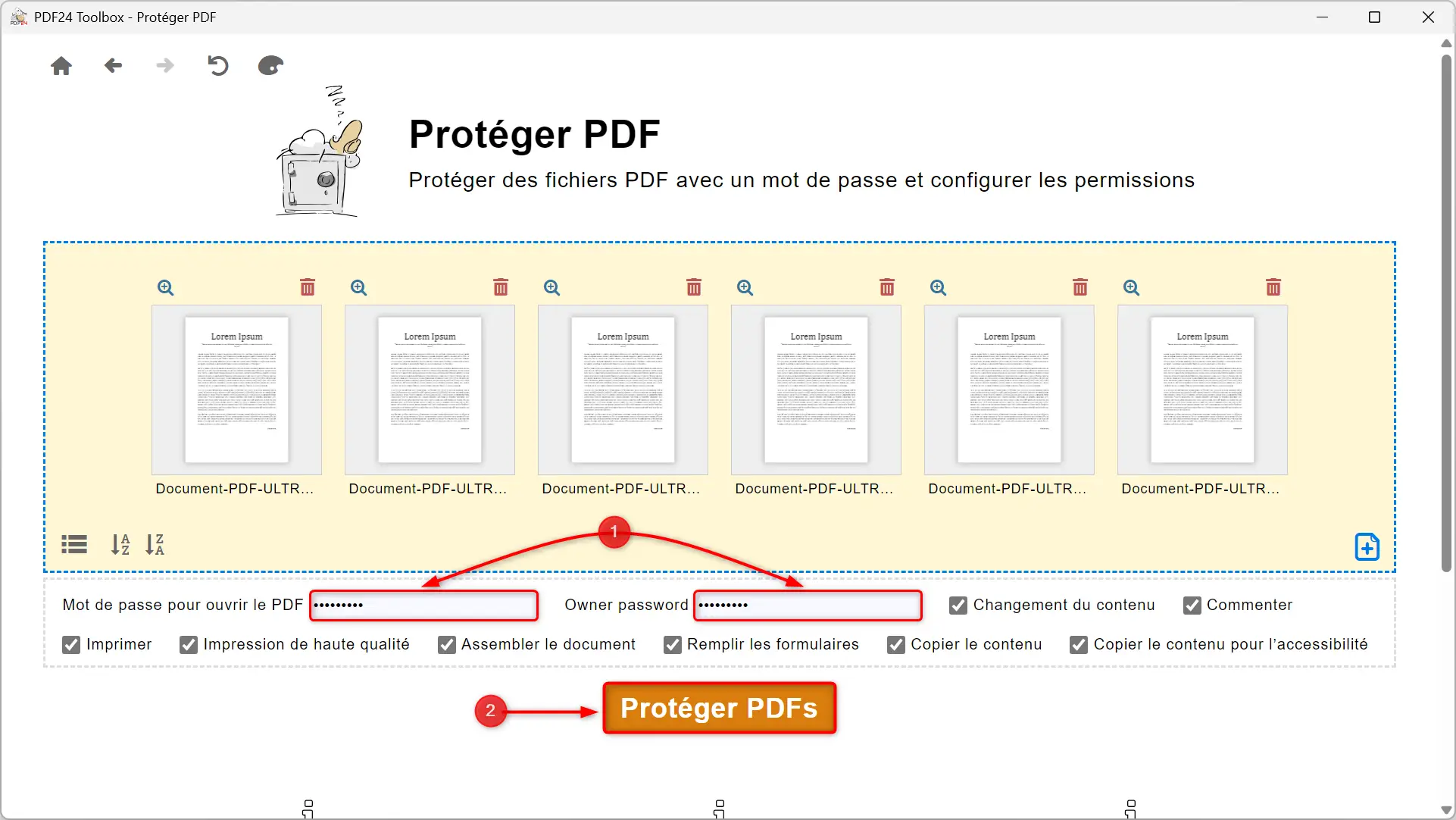 Entrée de mot de passe pour protéger le PDF