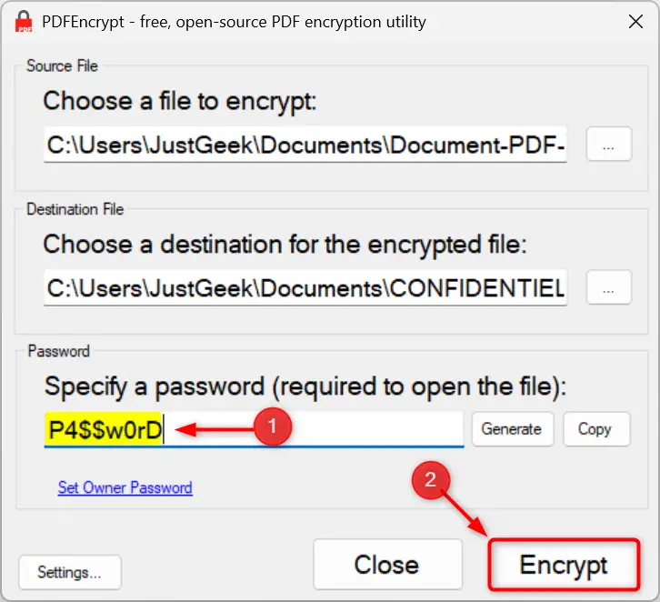 Cryptez le bouton pour appliquer la protection du mot de passe au fichier PDF.