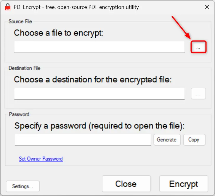 Sélection du fichier PDF à protéger dans la section source de Pdfencrypt Pdfenc