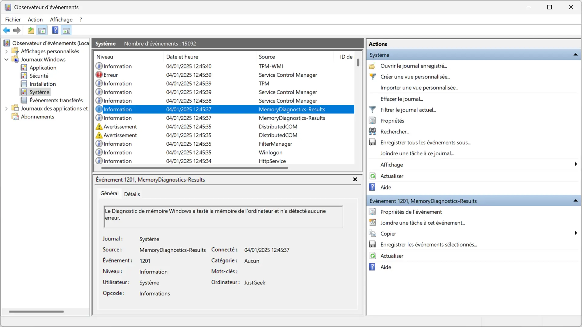 Résultats des tests de diagnostic de la mémoire Windows