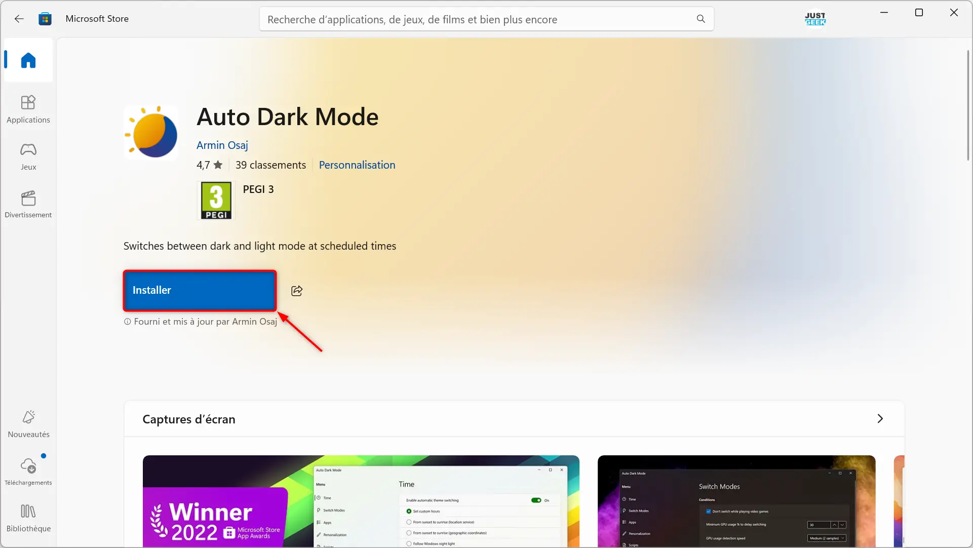 Téléchargez l'application Mode sombre automatique sur le Microsoft Store