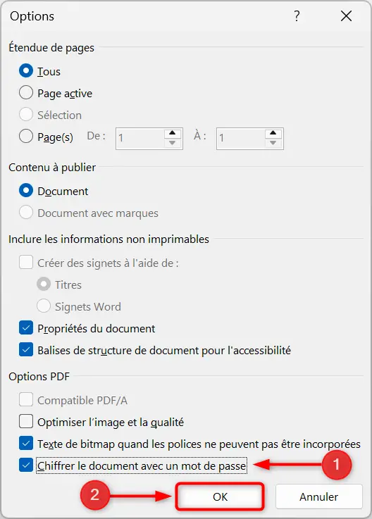 Fenêtre d'options d'exportation avec l'option de cryptage de mot de passe sélectionné.