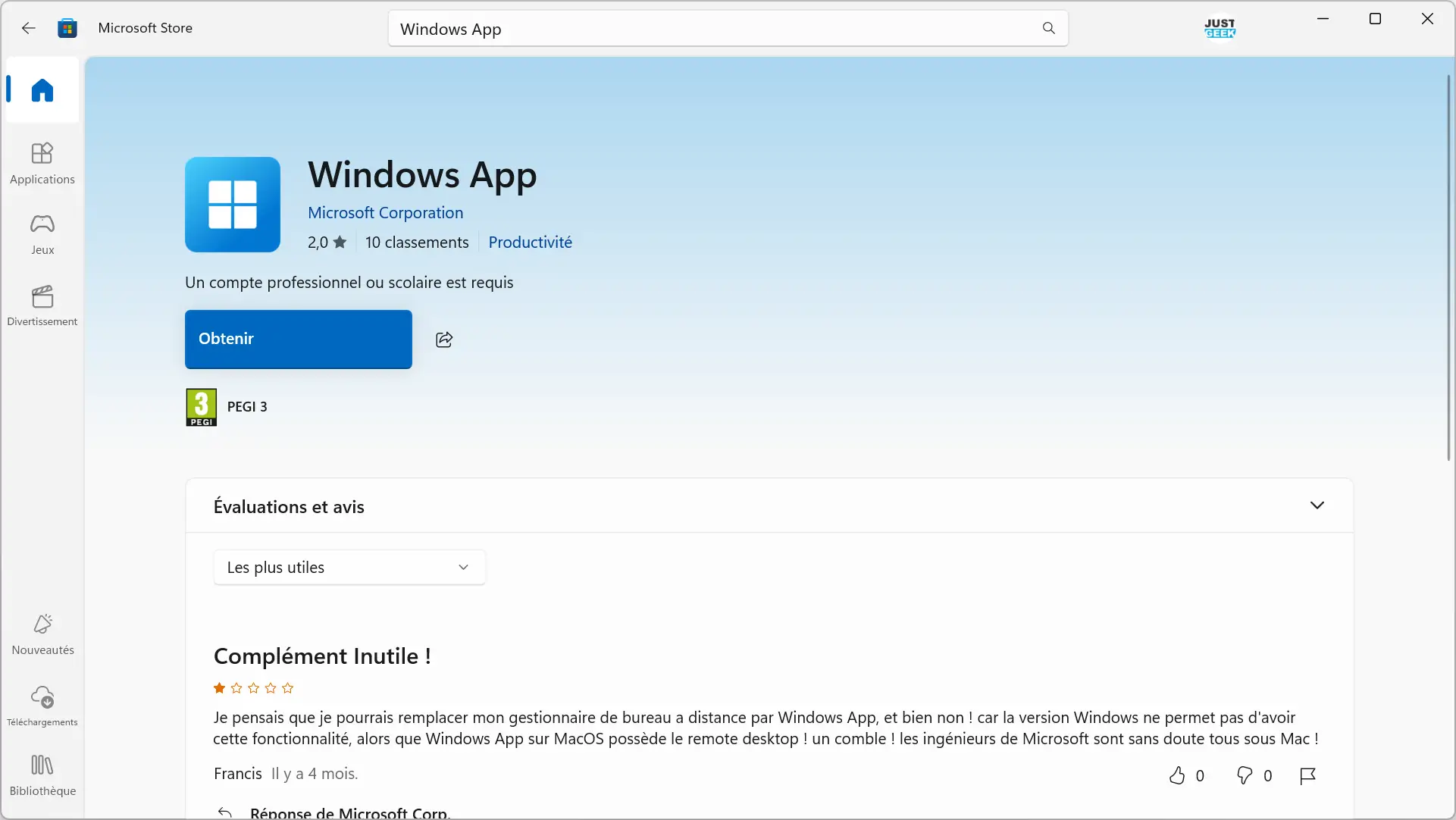 Application d'application Windows sur la boutique Microsoft française