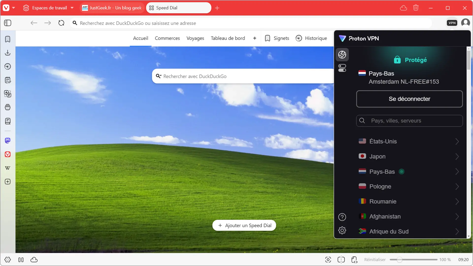 Interface du navigateur Vivaldi avec le bouton d'activation Proton VPN