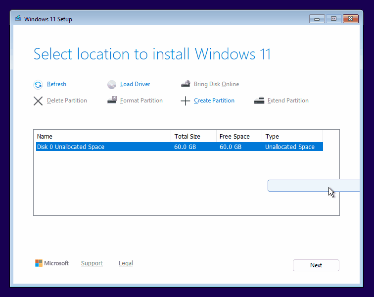 Message d'erreur affiché lors d'une tentative d'installation de Windows 11 sur une partition des références