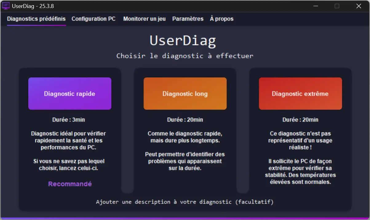 Interface UserDiag pour lancer un diagnostic matériel et logiciel