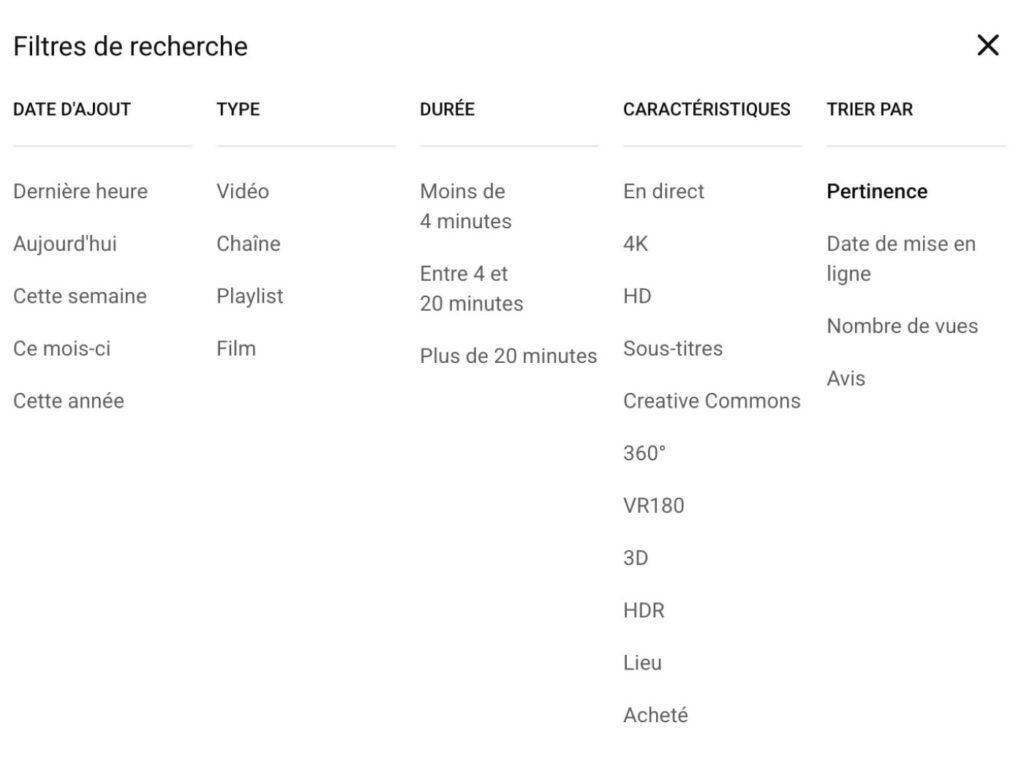 Anciens filtres de recherche YouTube