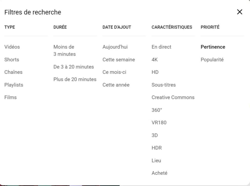 Nouveaux filtres de recherche YouTube