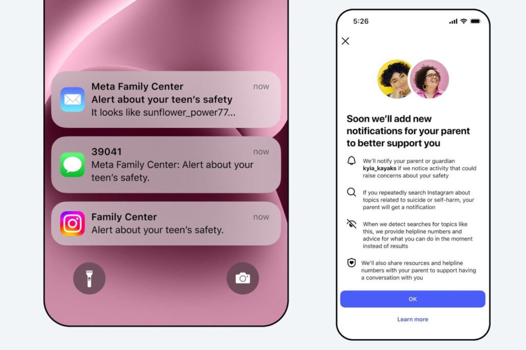 Notification d'alerte Instagram Parents Enfants Suicide Automutilation