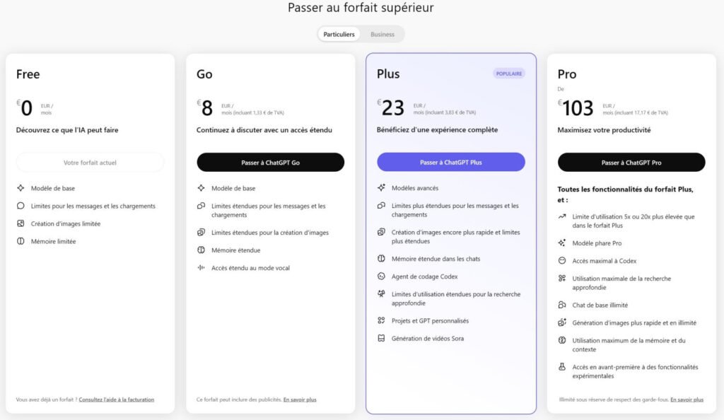 Prix des abonnements ChatGPT avril 2026