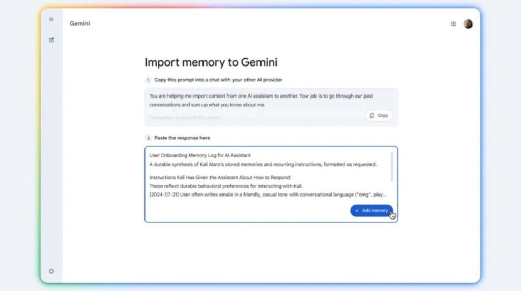 Mémoire d'importation Google Gemini