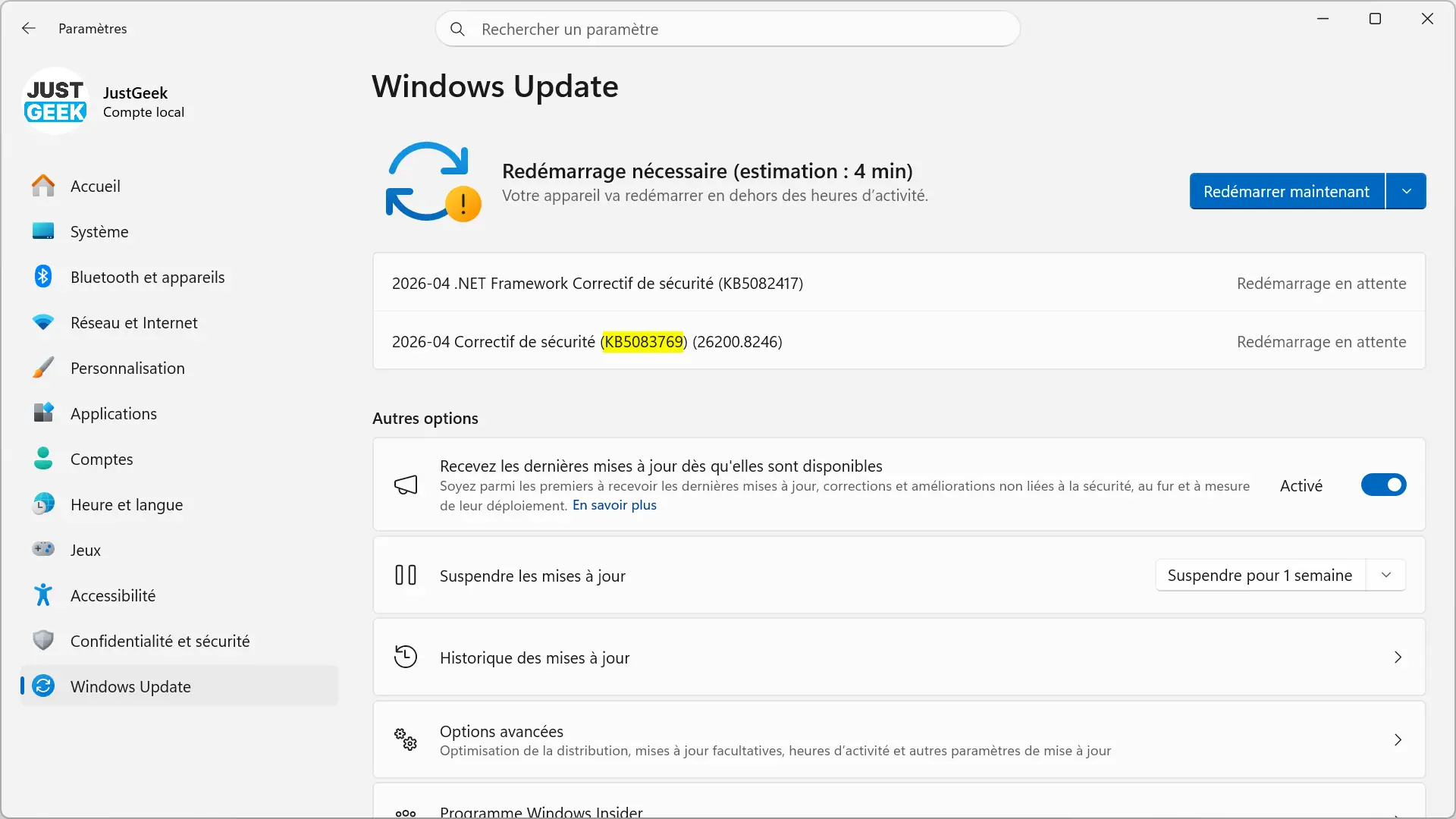 Mettre à jour KB5083769 dans Windows Update sous Windows 11