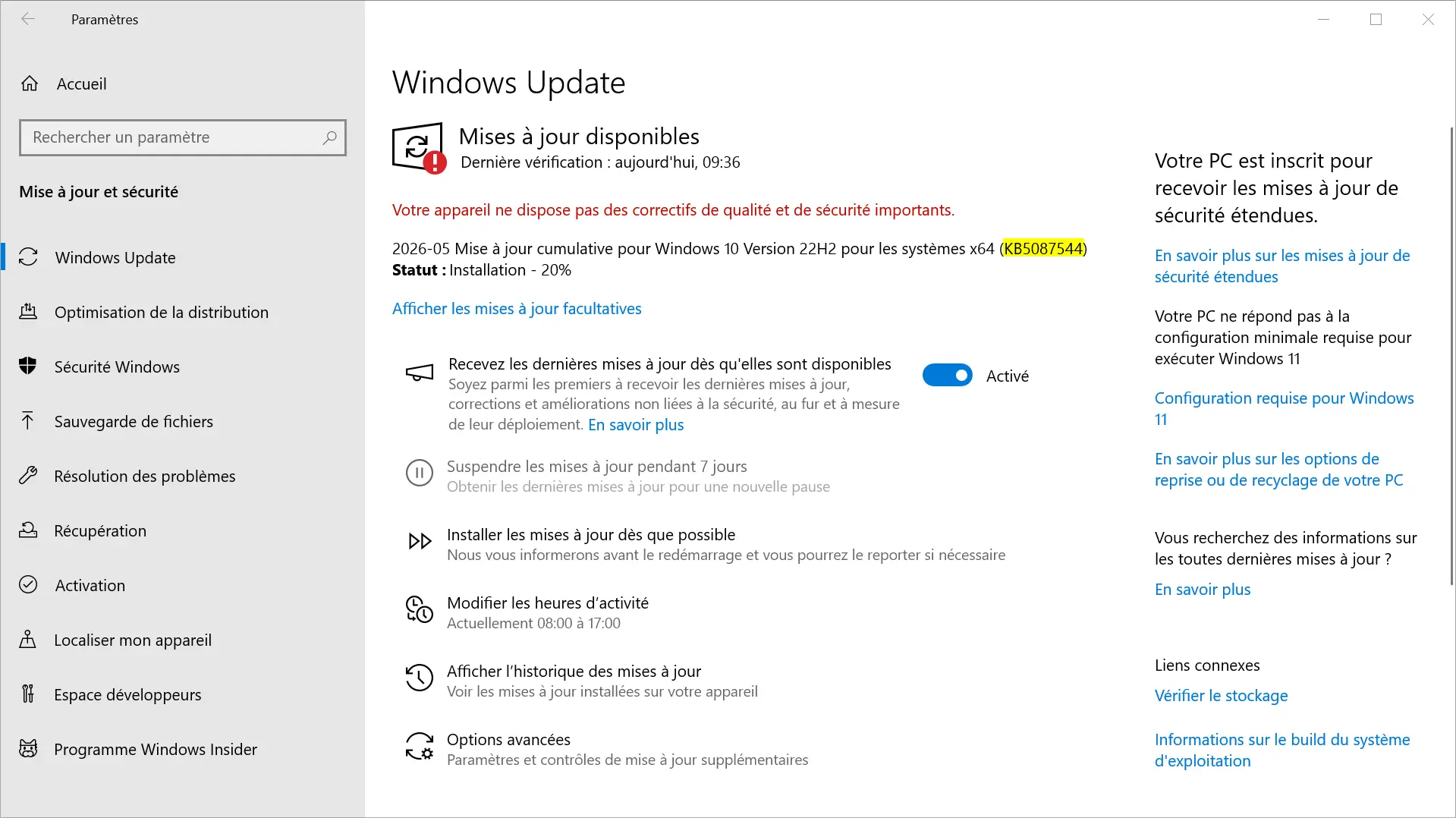 Mettre à jour KB5087544 dans Windows Update sous Windows 10