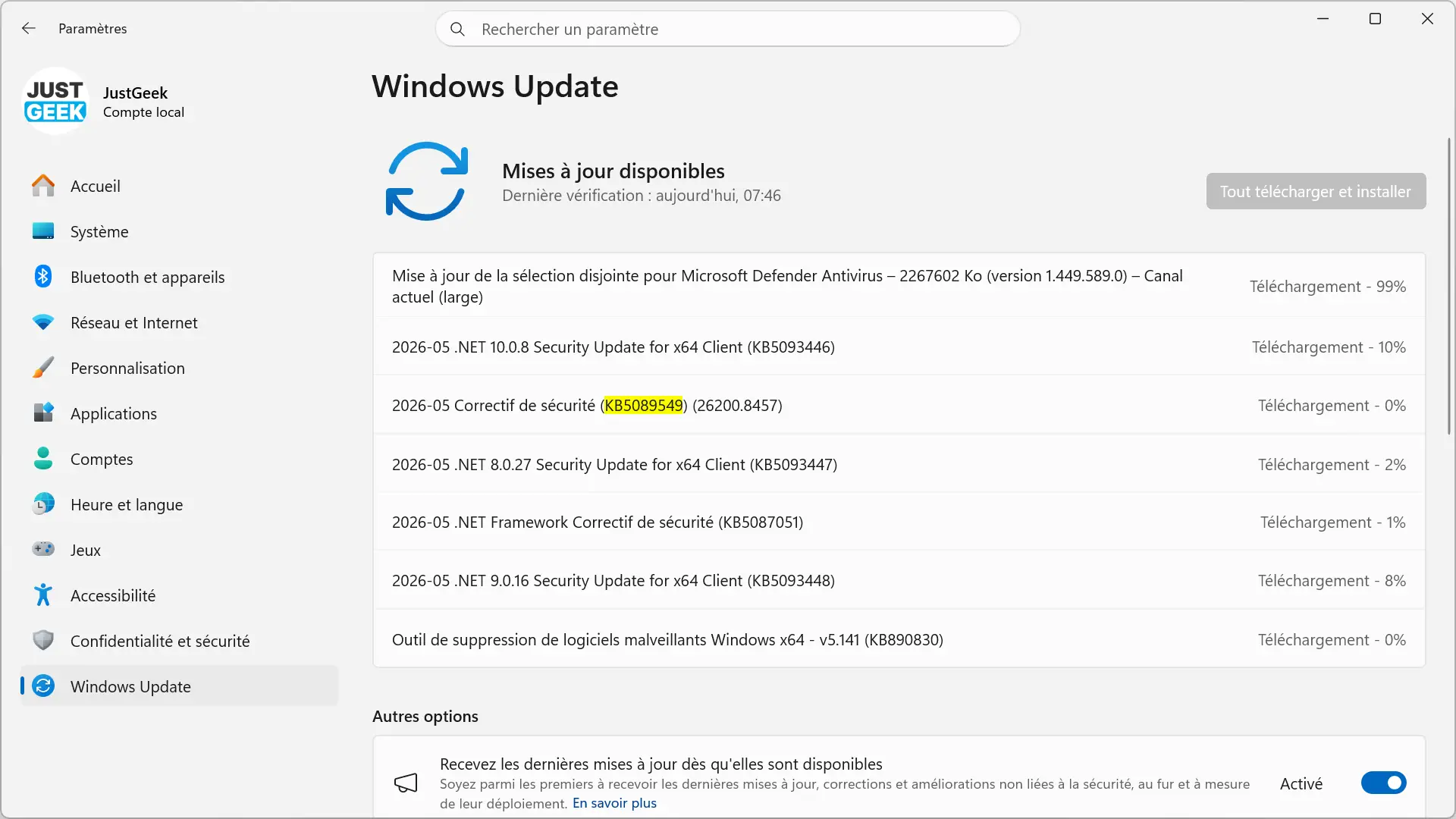 Mettre à jour KB5089549 dans Windows Update sous Windows 11