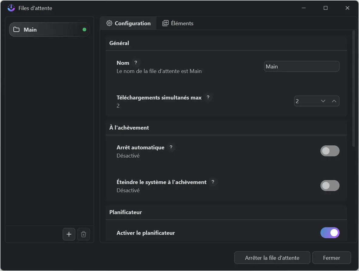 Configuration d'une file d'attente dans AB Download Manager avec téléchargements simultanés et option d'arrêt du système