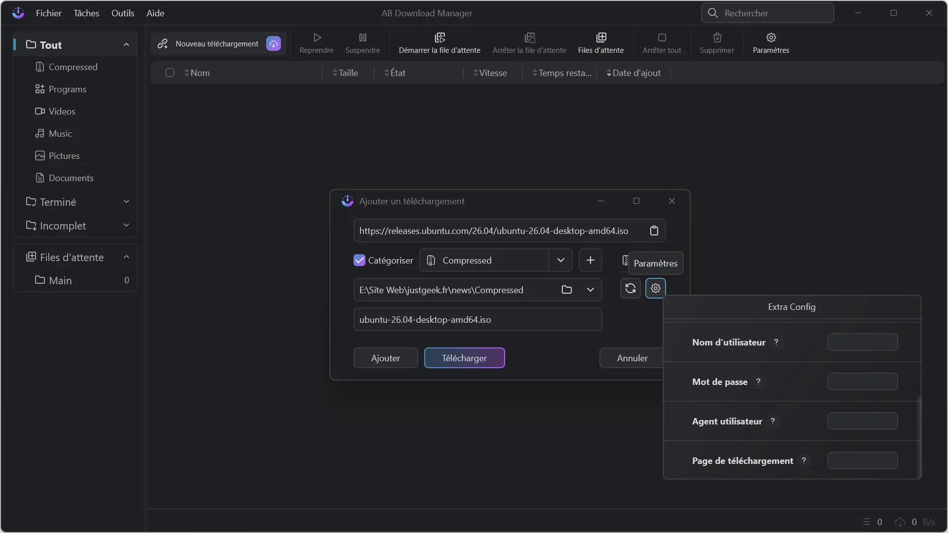 Téléchargez les options d'authentification dans AB Download Manager avec nom d'utilisateur et mot de passe