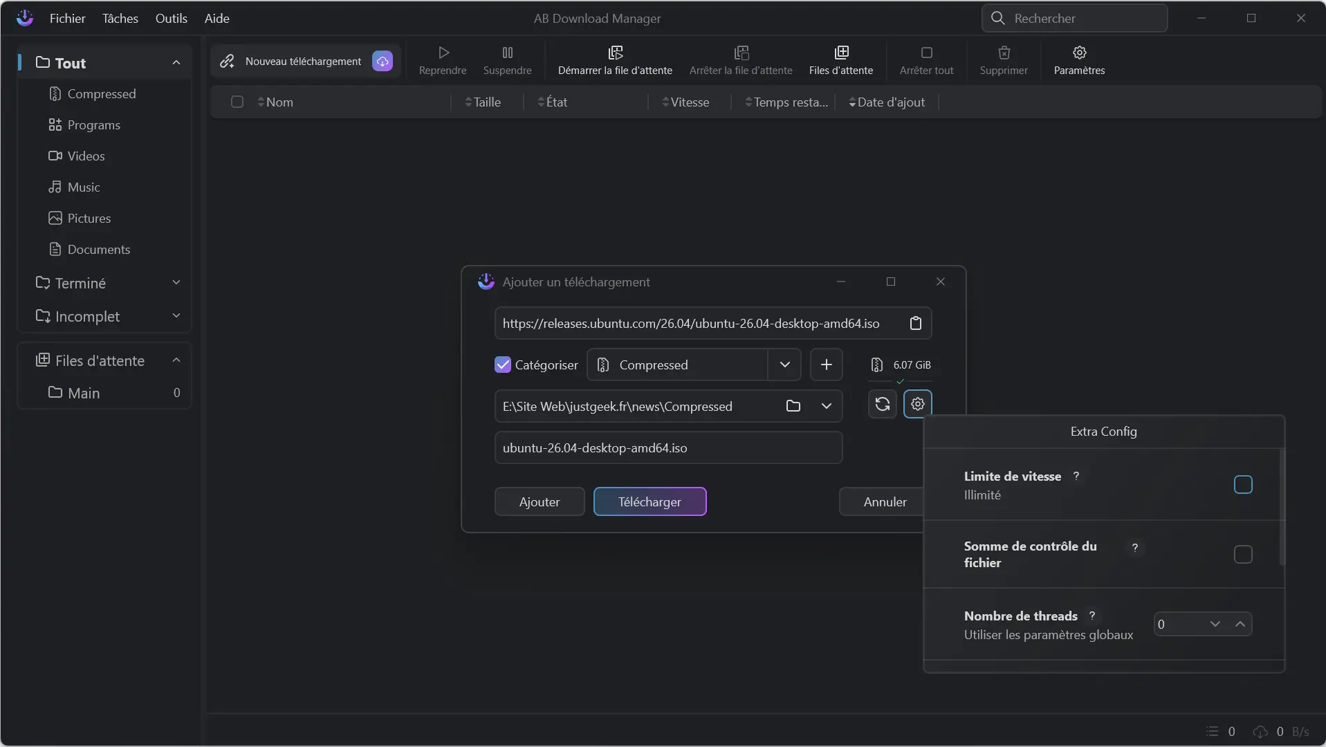 Options de configuration avancée d'un téléchargement dans AB Download Manager avec limite de vitesse et nombre de threads