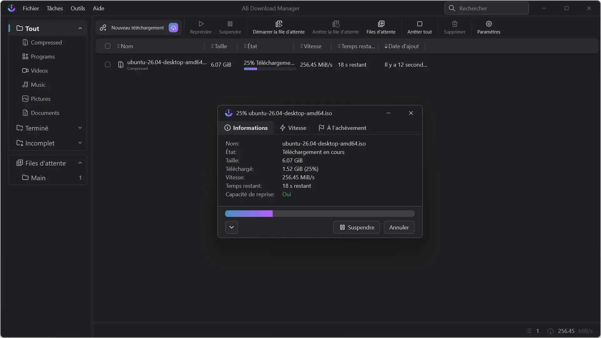 Fenêtre de progression du téléchargement dans AB Download Manager avec des informations en temps réel