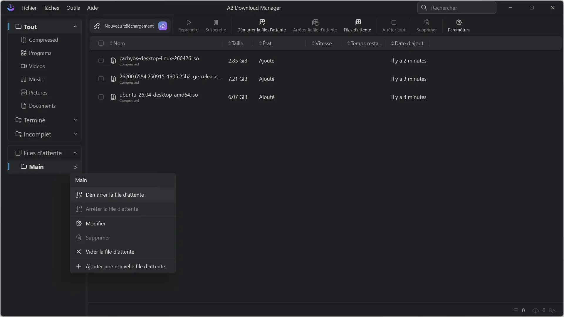 Gestion d'une file d'attente dans AB Download Manager avec options de démarrage et d'ajout de nouvelles files d'attente