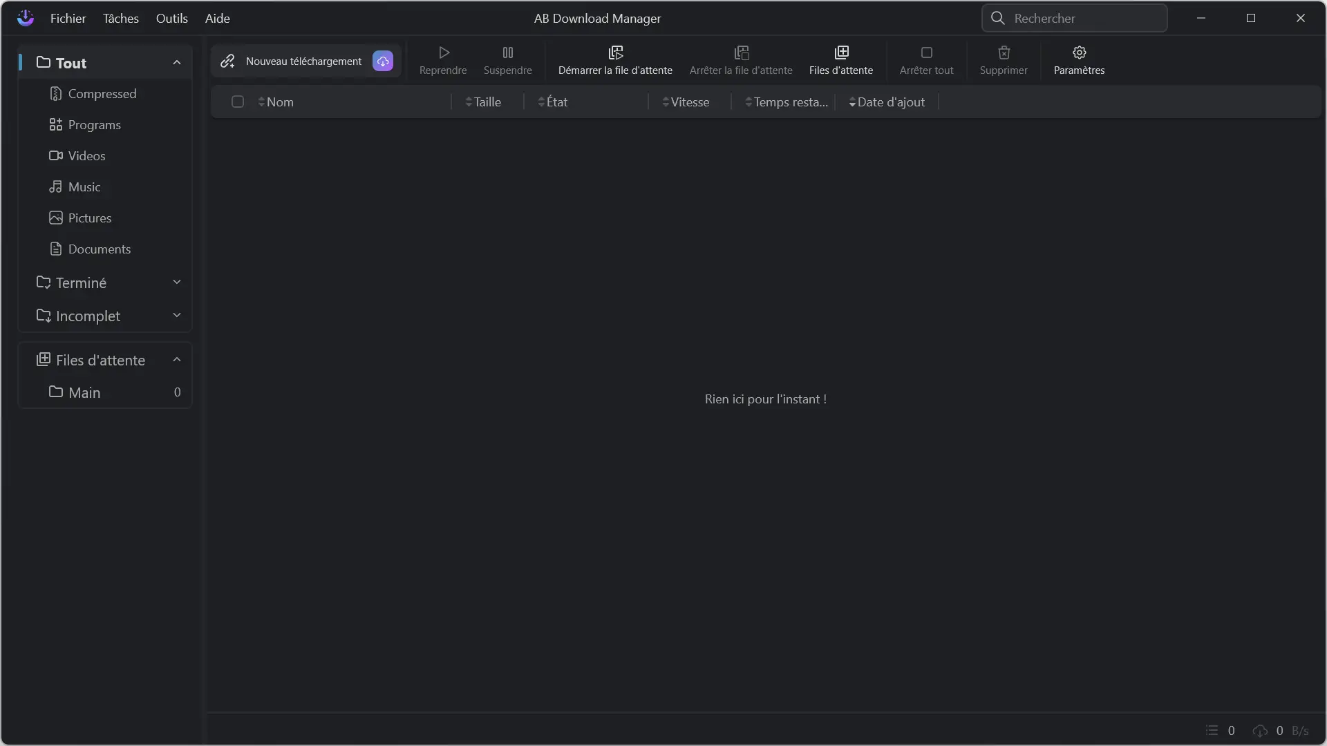 Interface principale d'AB Download Manager avec catégories dans la barre latérale