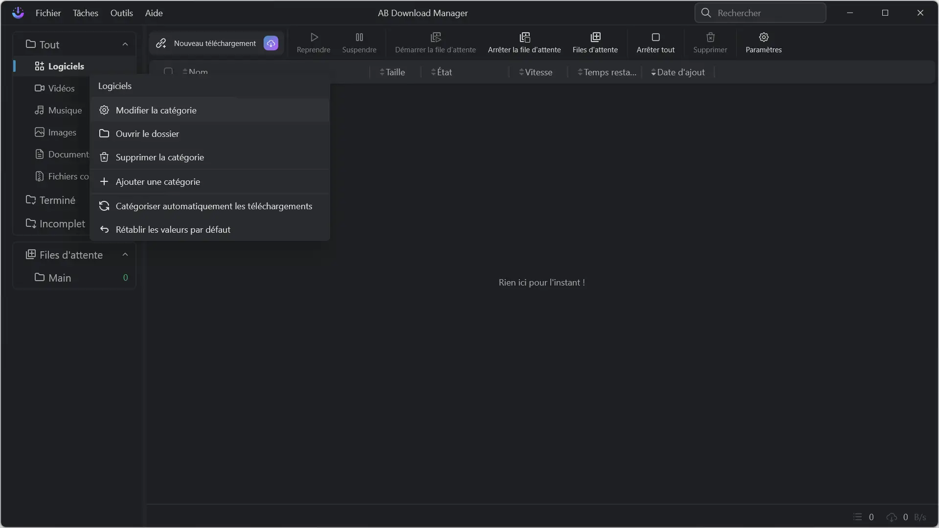 Menu contextuel des catégories dans AB Download Manager avec options d'édition