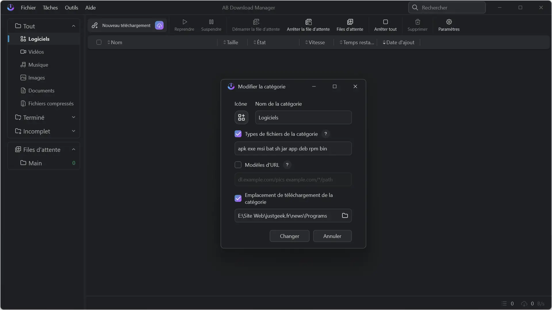 Fenêtre d'édition de catégorie dans AB Download Manager avec les types de fichiers associés