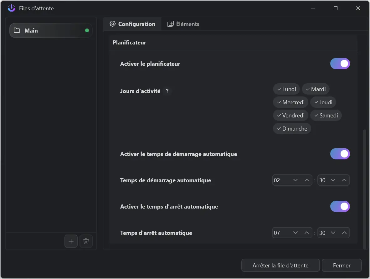 Planificateur de file d'attente dans AB Download Manager avec jours actifs et heures de démarrage et d'arrêt automatiques