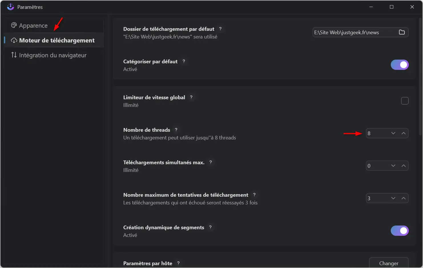 Définition du nombre de threads par téléchargement dans AB Download Manager