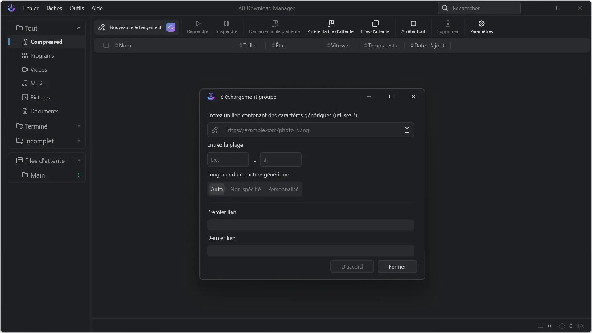 Fenêtre de téléchargement groupé par modèle dans AB Download Manager avec caractères génériques et plage de numéros