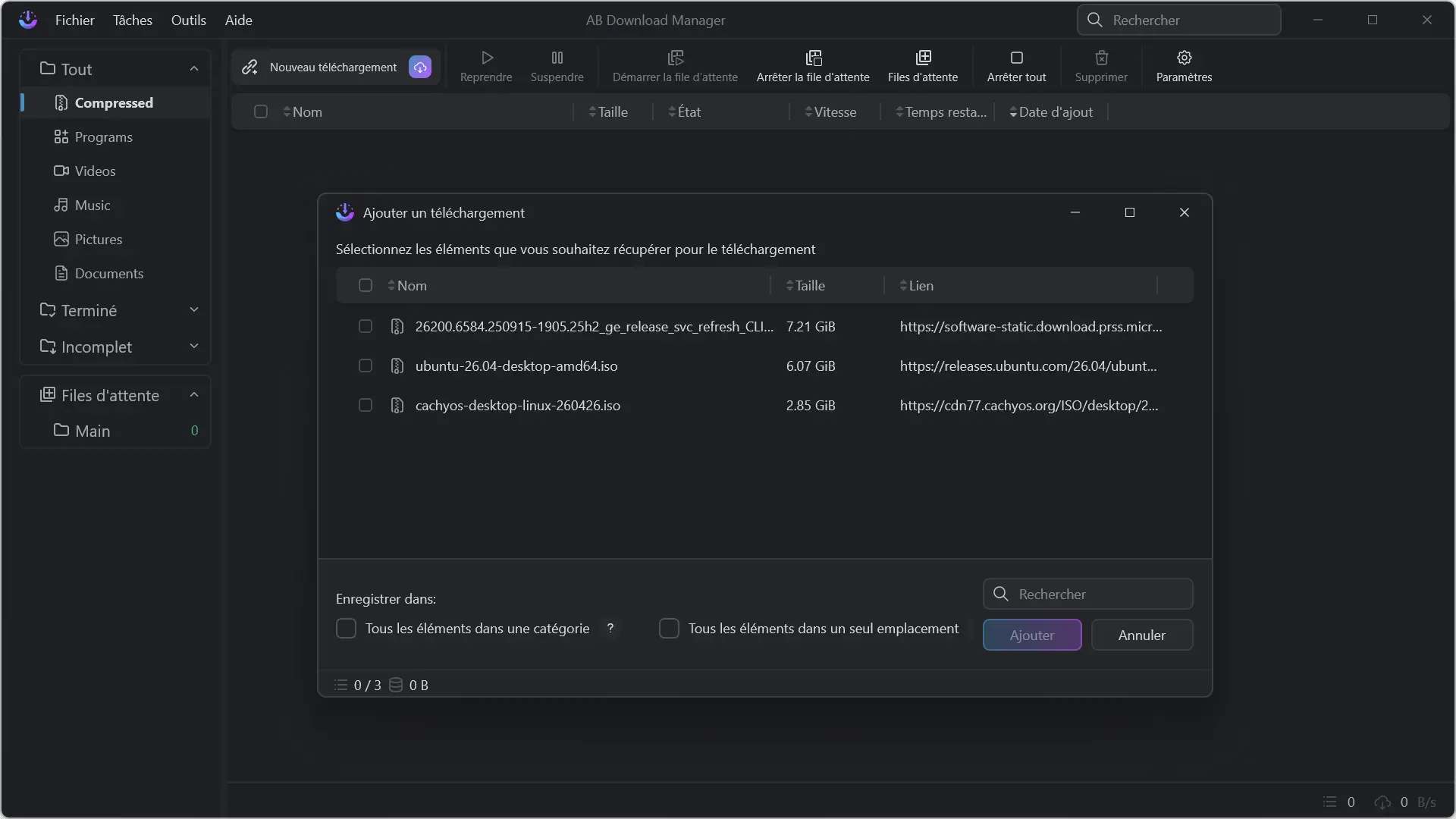 Ajout de plusieurs téléchargements simultanément dans AB Download Manager à partir d'une liste d'URL avec la taille de chaque fichier