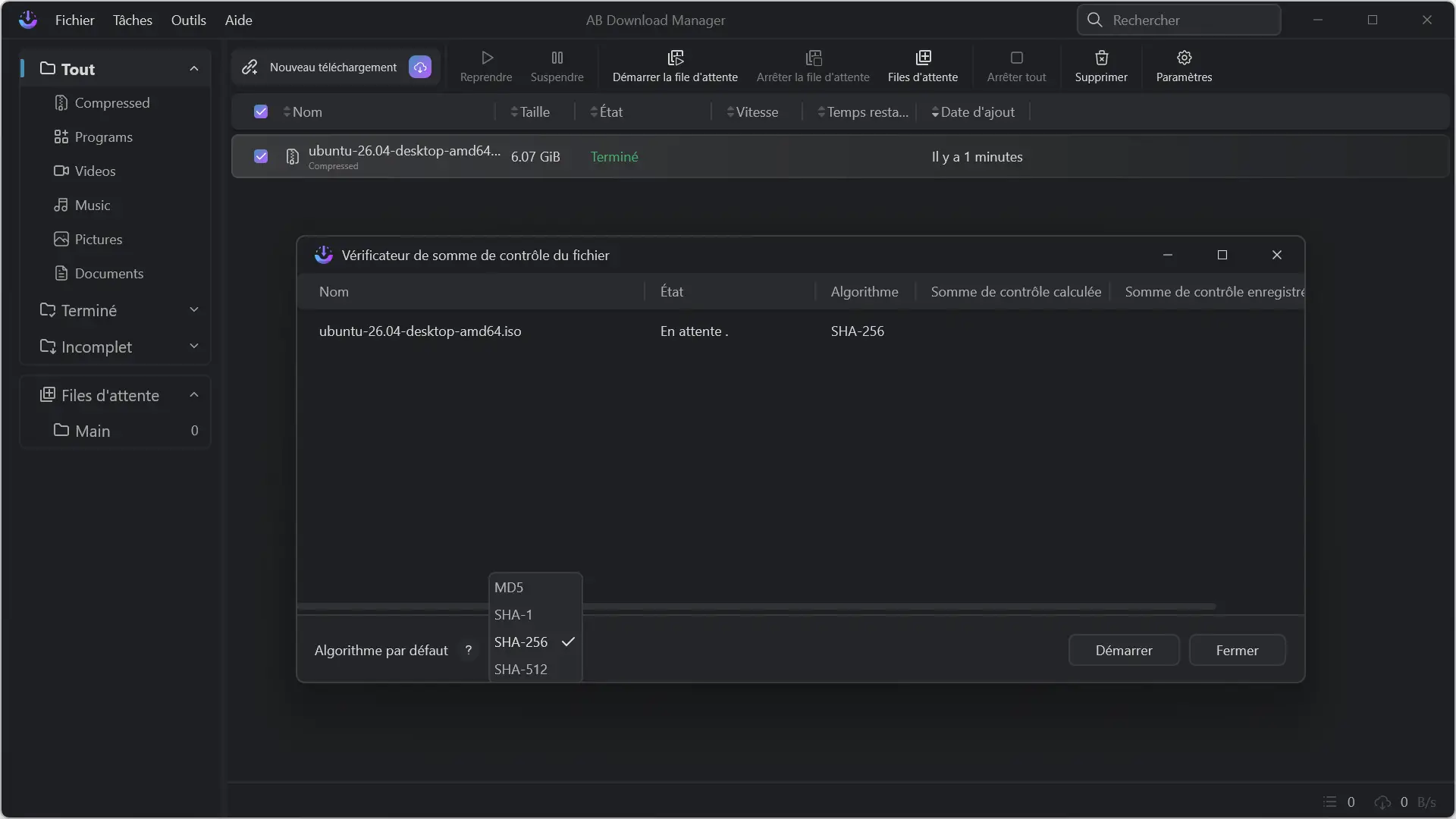 Sélection de l'algorithme de vérification dans AB Download Manager avec les options MD5, SHA-1, SHA-256 et SHA-512