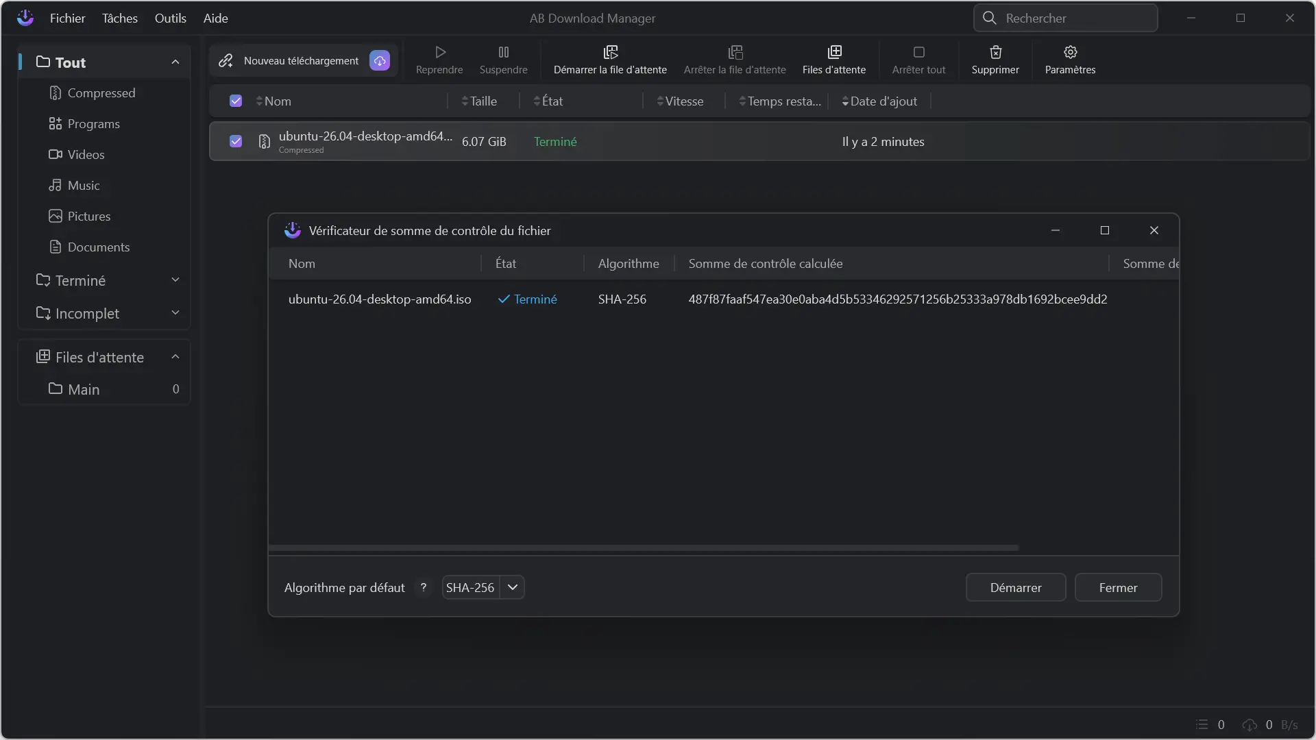 Résultat de la vérification de la somme de contrôle SHA-256 d'un fichier ISO dans AB Download Manager