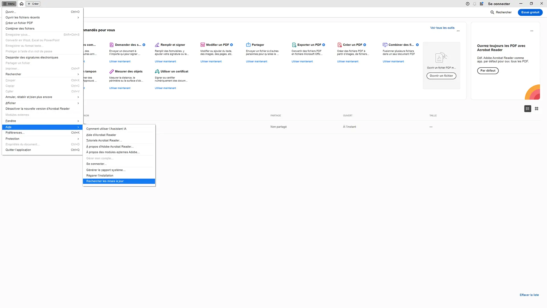 Menu Aide d'Adobe Acrobat Reader avec Rechercher les mises à jour en surbrillance