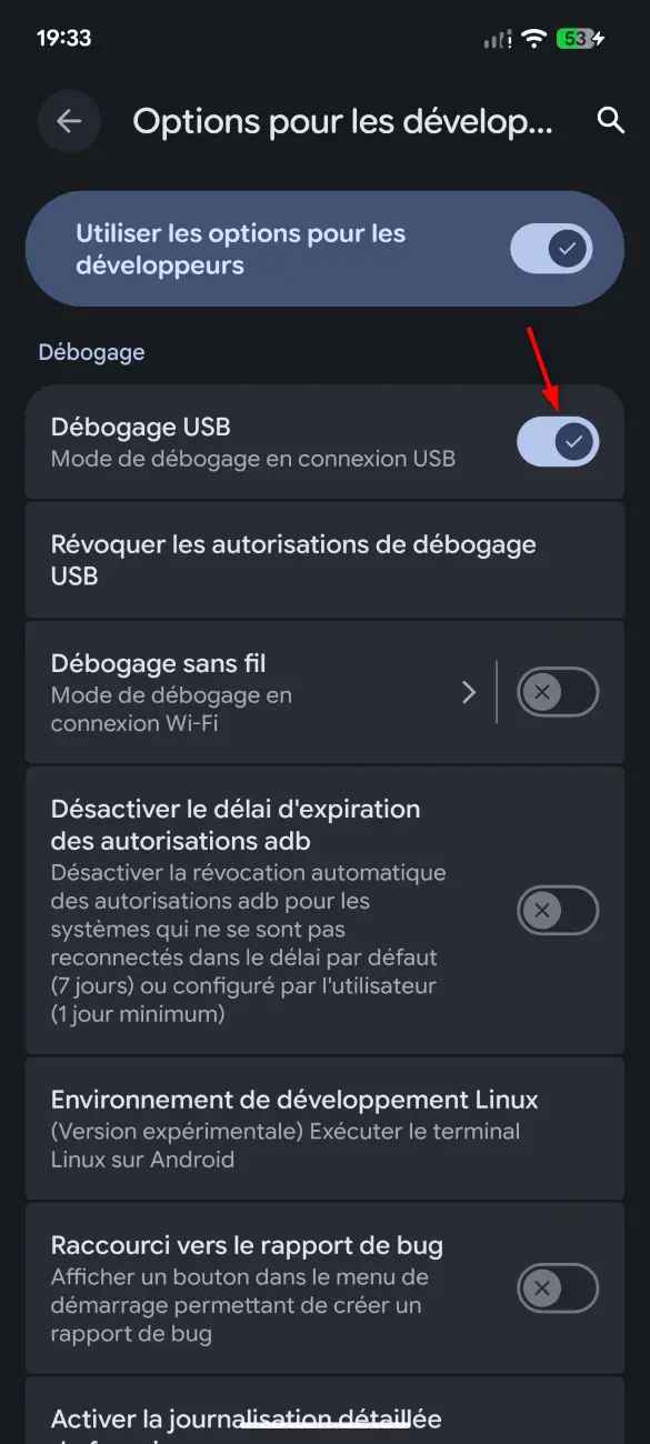 Activation du débogage USB dans les options du développeur sur Android