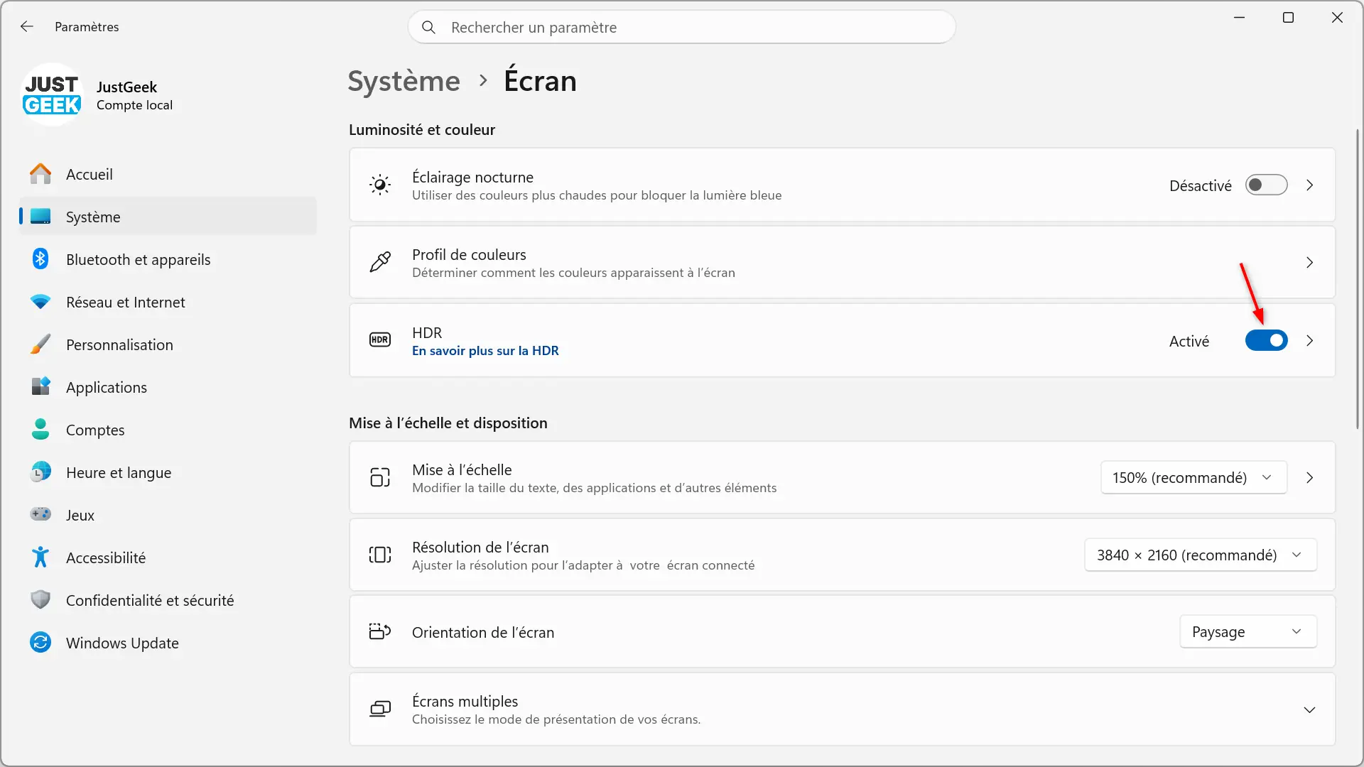 Activation du HDR dans les paramètres d'affichage de Windows 11