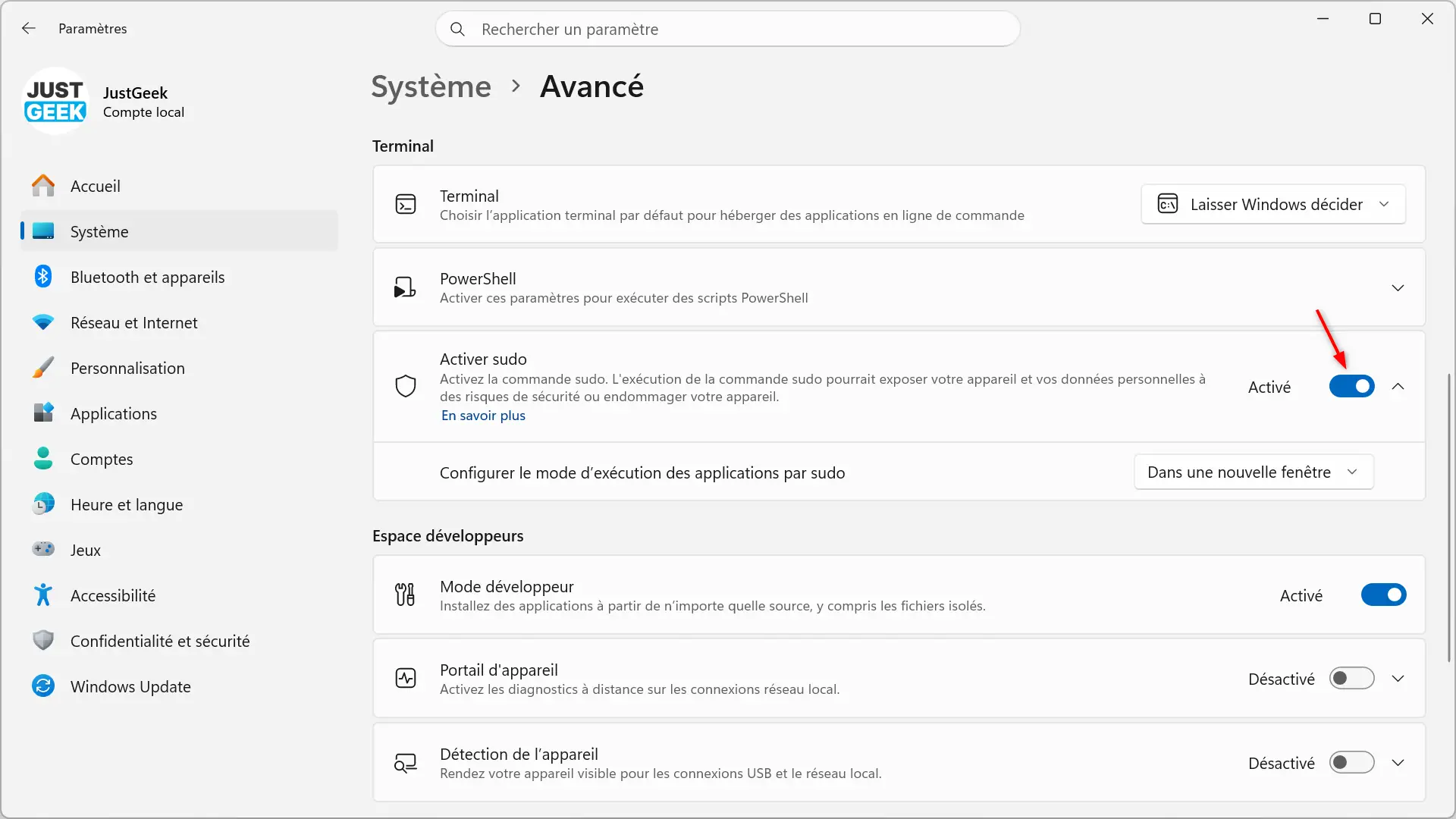 Activation de sudo dans les paramètres de Windows 11