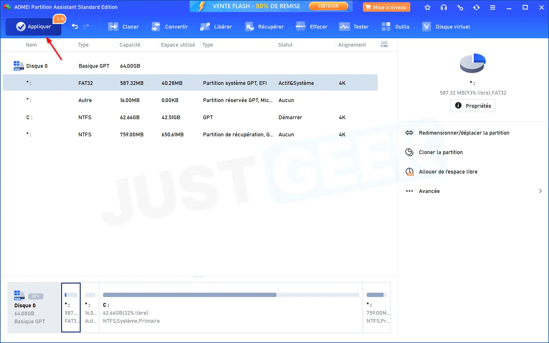 Interface AOMEI Partition Assistant affichant un aperçu de la partition EFI de 587 Mo avant d'appliquer les modifications