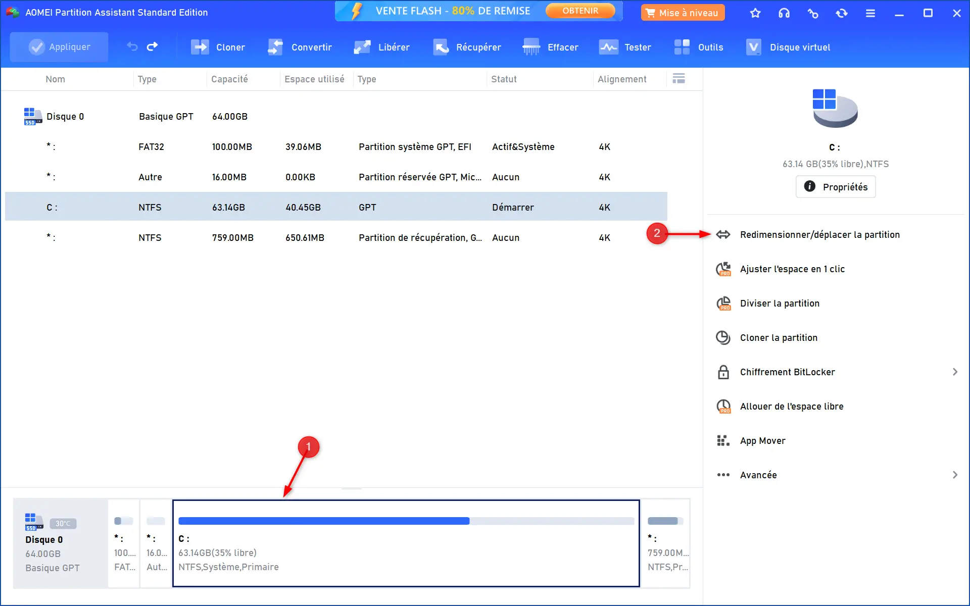 Sélectionnez la partition C dans AOMEI Partition Assistant avec l'option Redimensionner/Déplacer la partition