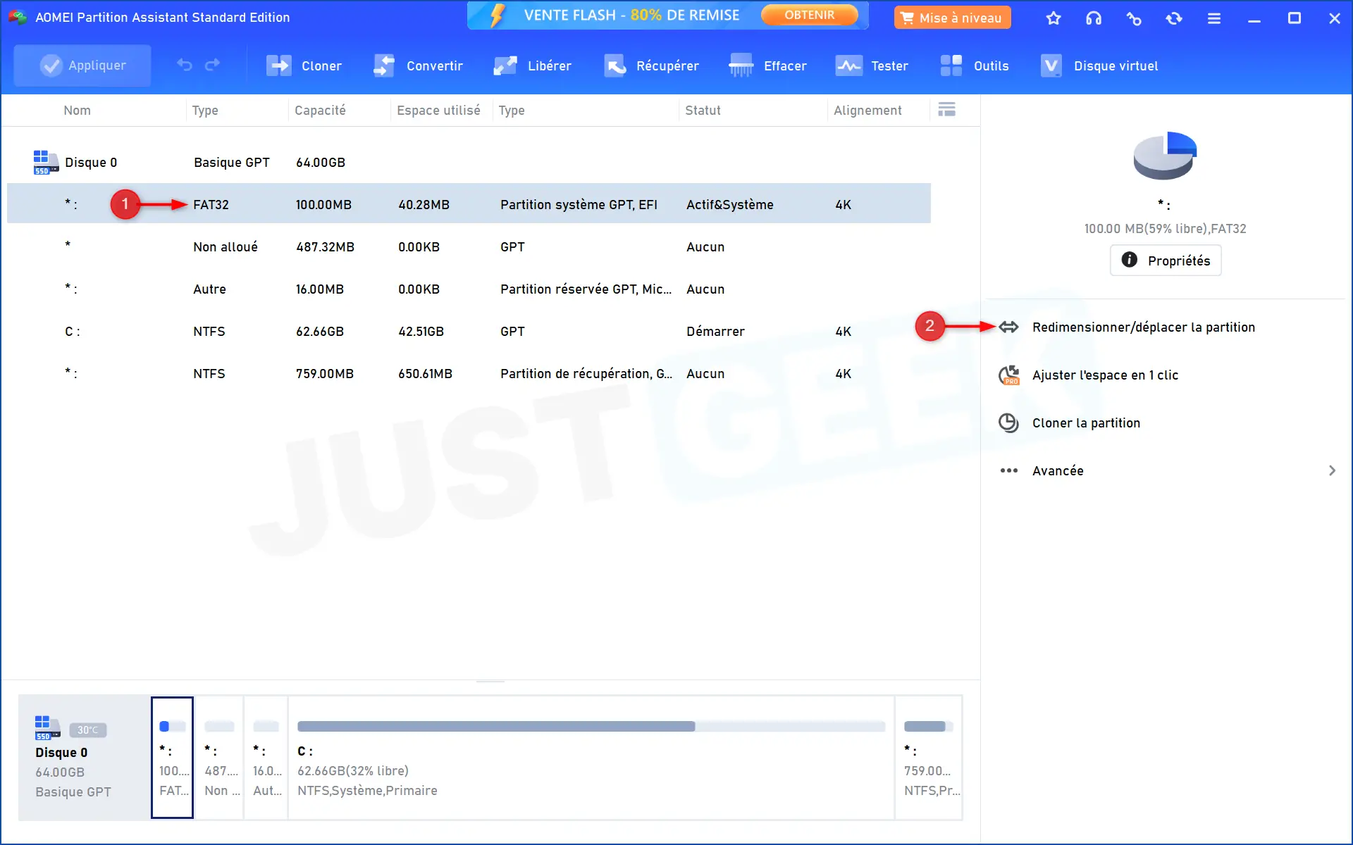 Sélectionnez la partition EFI FAT32 dans AOMEI Partition Assistant avec l'option Redimensionner/Déplacer la partition