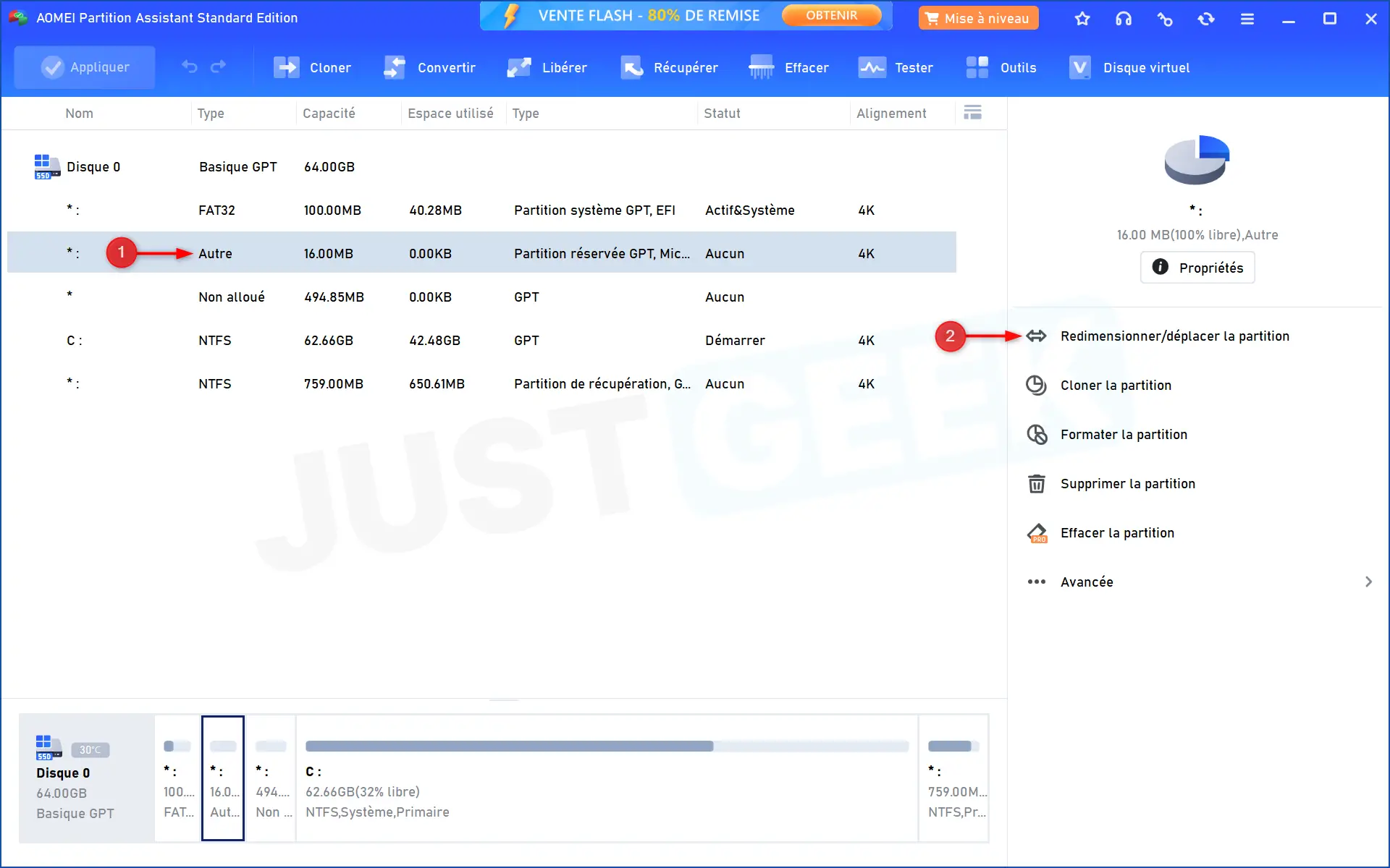 Sélectionnez une partition réservée MSR de 16 Mo dans AOMEI Partition Assistant avec l'option Redimensionner/Déplacer la partition.