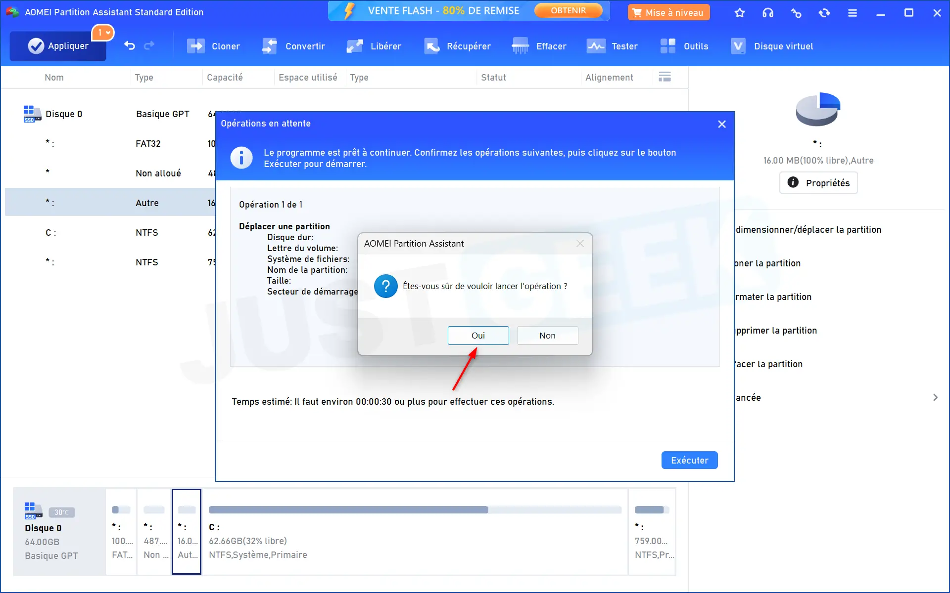 Fenêtre de confirmation pour démarrer l'opération de déplacement de partition MSR dans AOMEI Partition Assistant