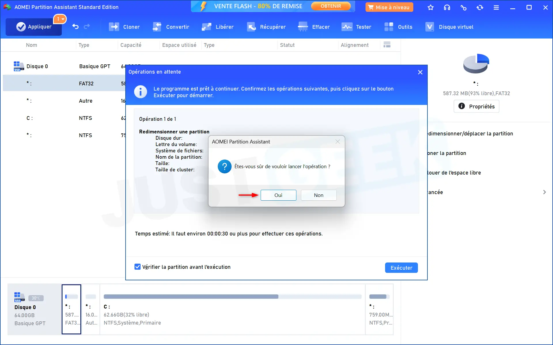 Fenêtre de confirmation pour démarrer l'opération de redimensionnement de la partition EFI dans AOMEI Partition Assistant