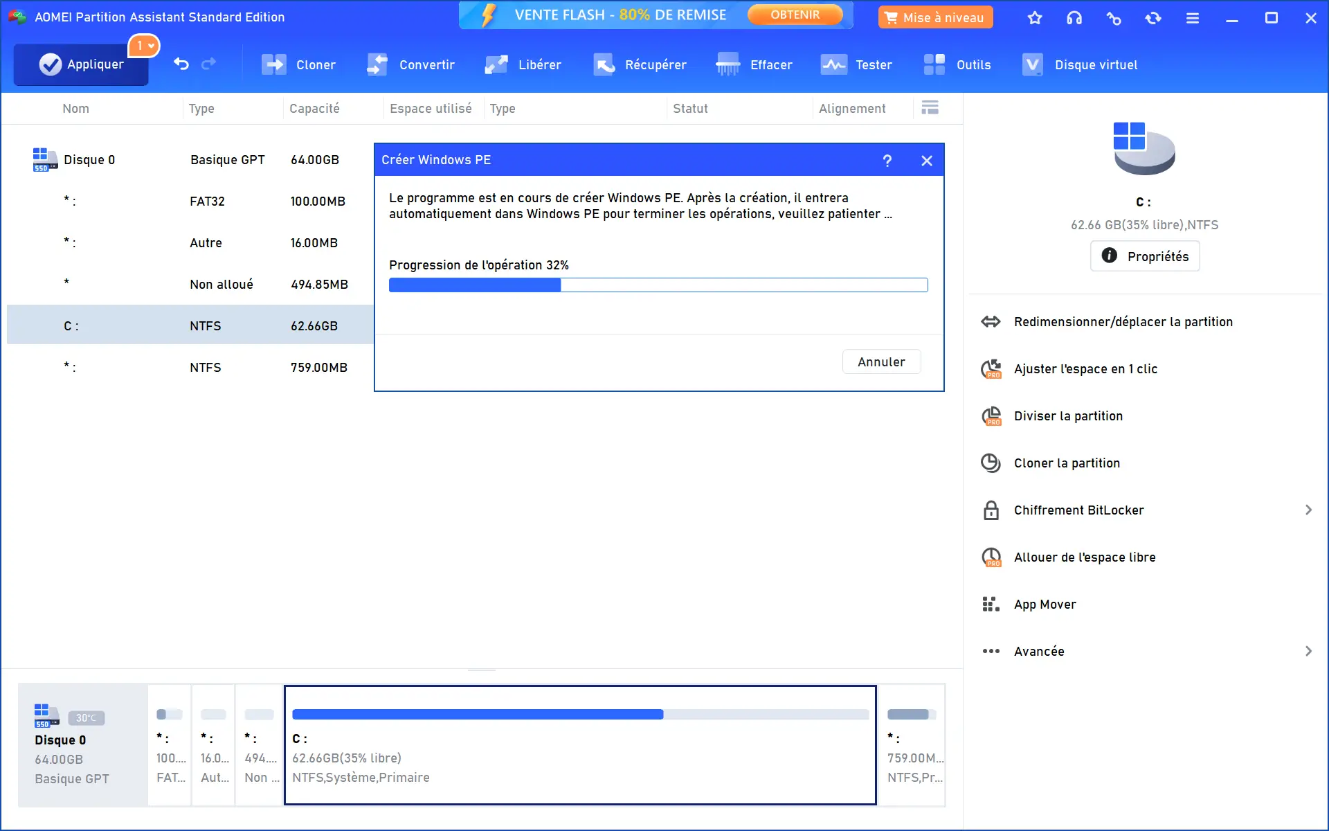 AOMEI Partition Assistant créant un environnement Windows PE avant le redémarrage