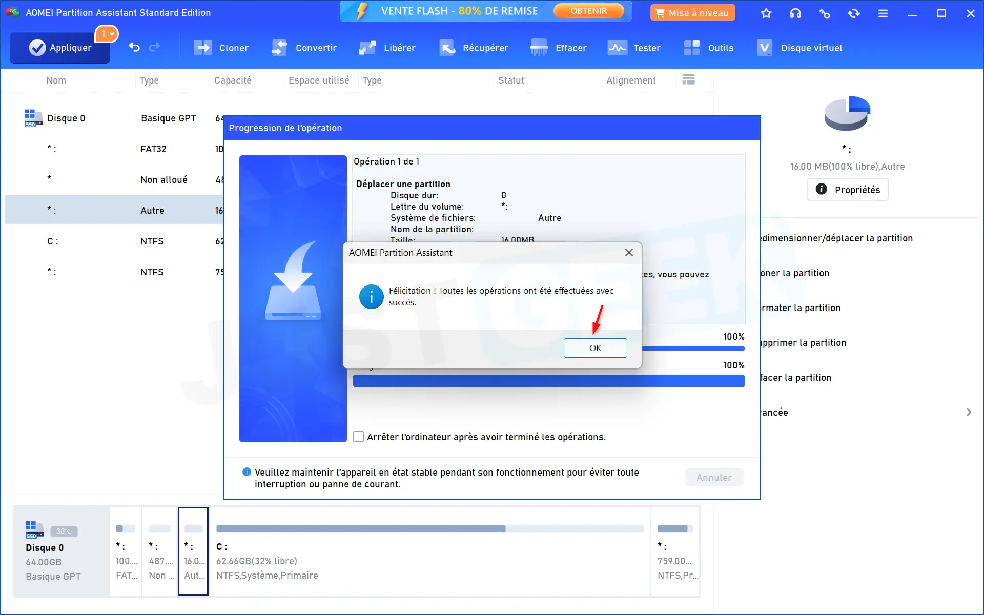 AOMEI Partition Assistant confirmant que le déplacement de la partition réservée MSR a été effectué avec succès