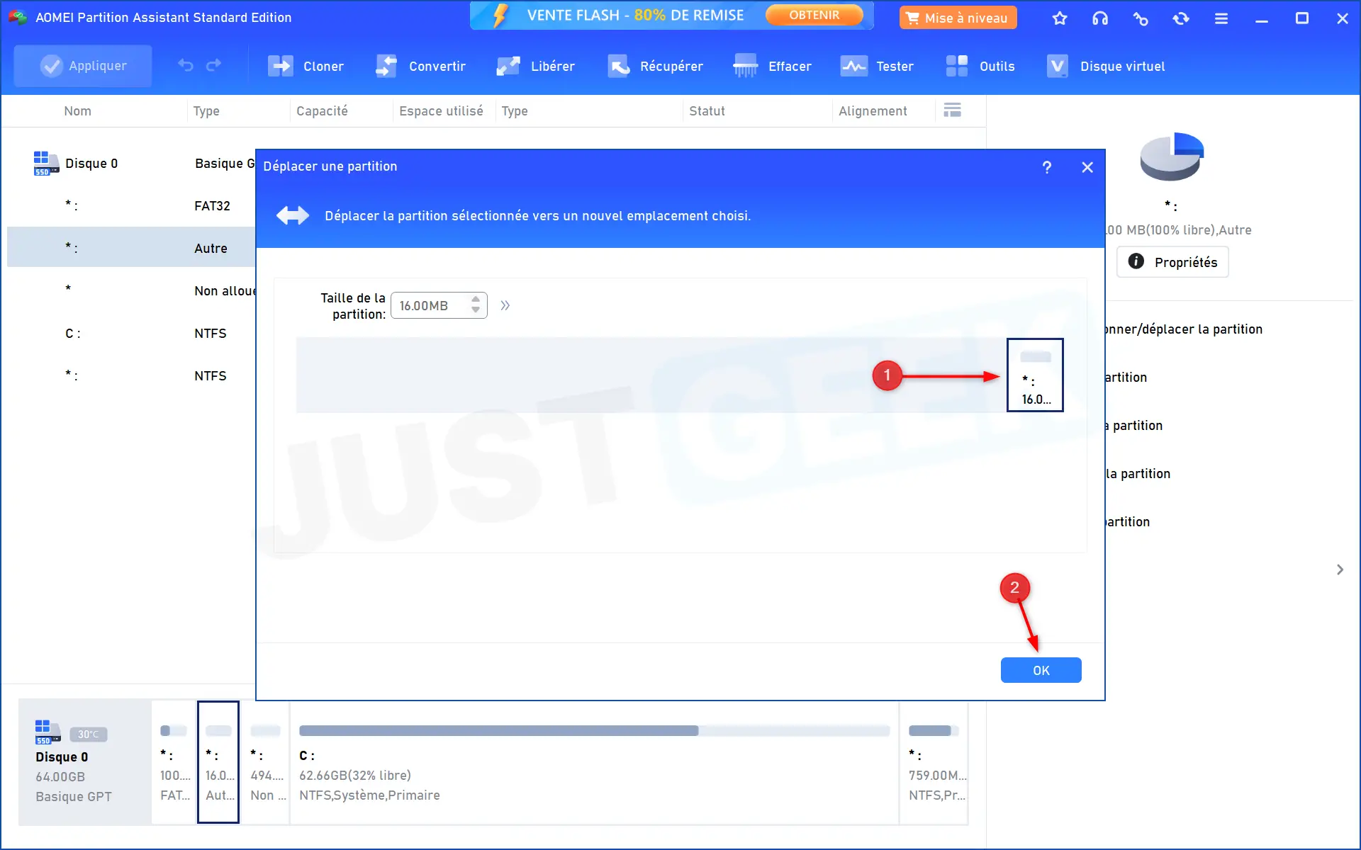 Déplacez la fenêtre de partition MSR dans AOMEI Partition Assistant avec le bloc de 16 Mo positionné à droite de l'espace disponible