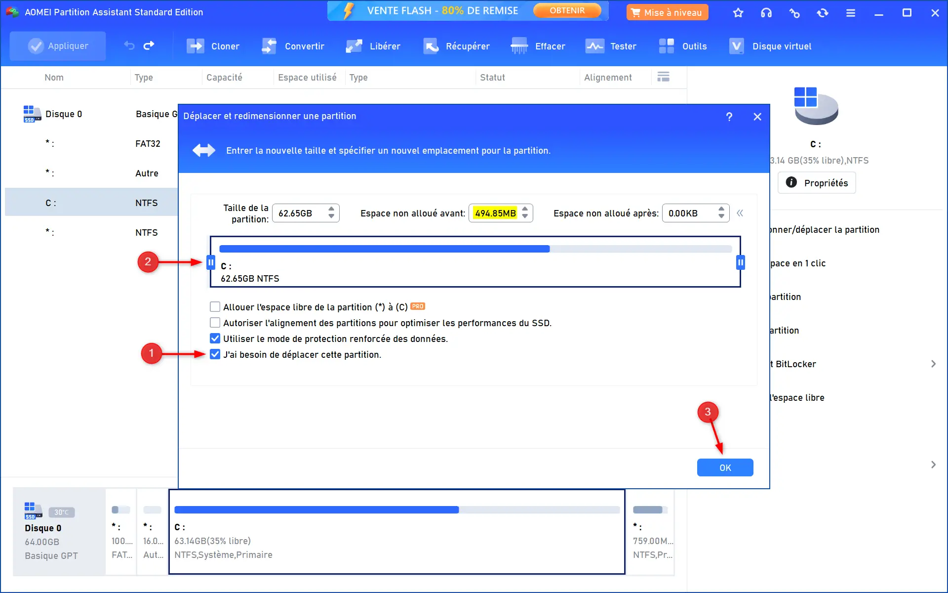 Redimensionnez la fenêtre de la partition C dans AOMEI Partition Assistant avec Je dois déplacer cette partition cochée et 494 Mo d'espace non alloué avant