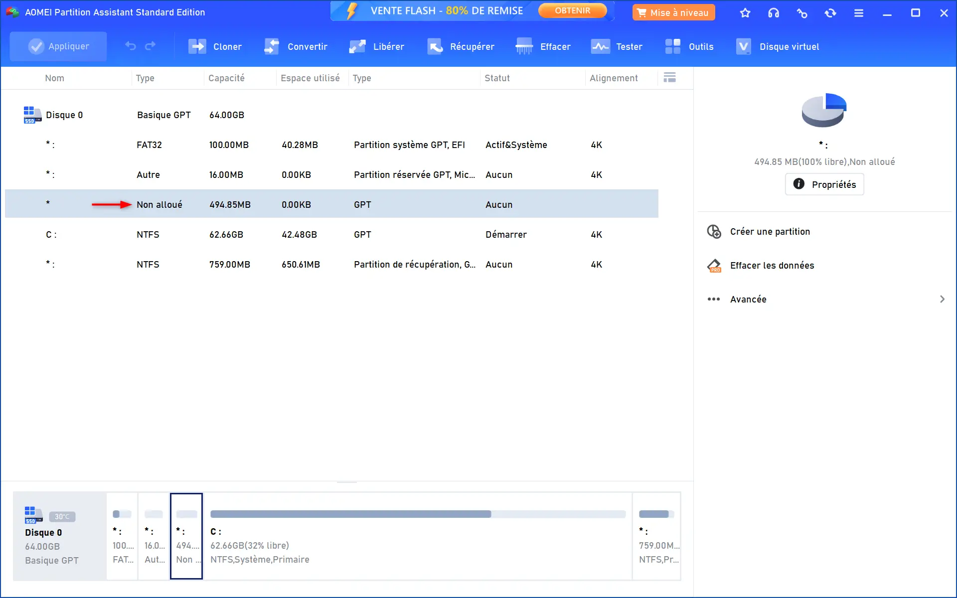 Interface d'AOMEI Partition Assistant après le redémarrage affichant 494 Mo d'espace non alloué créé avec succès entre la partition réservée et la partition C